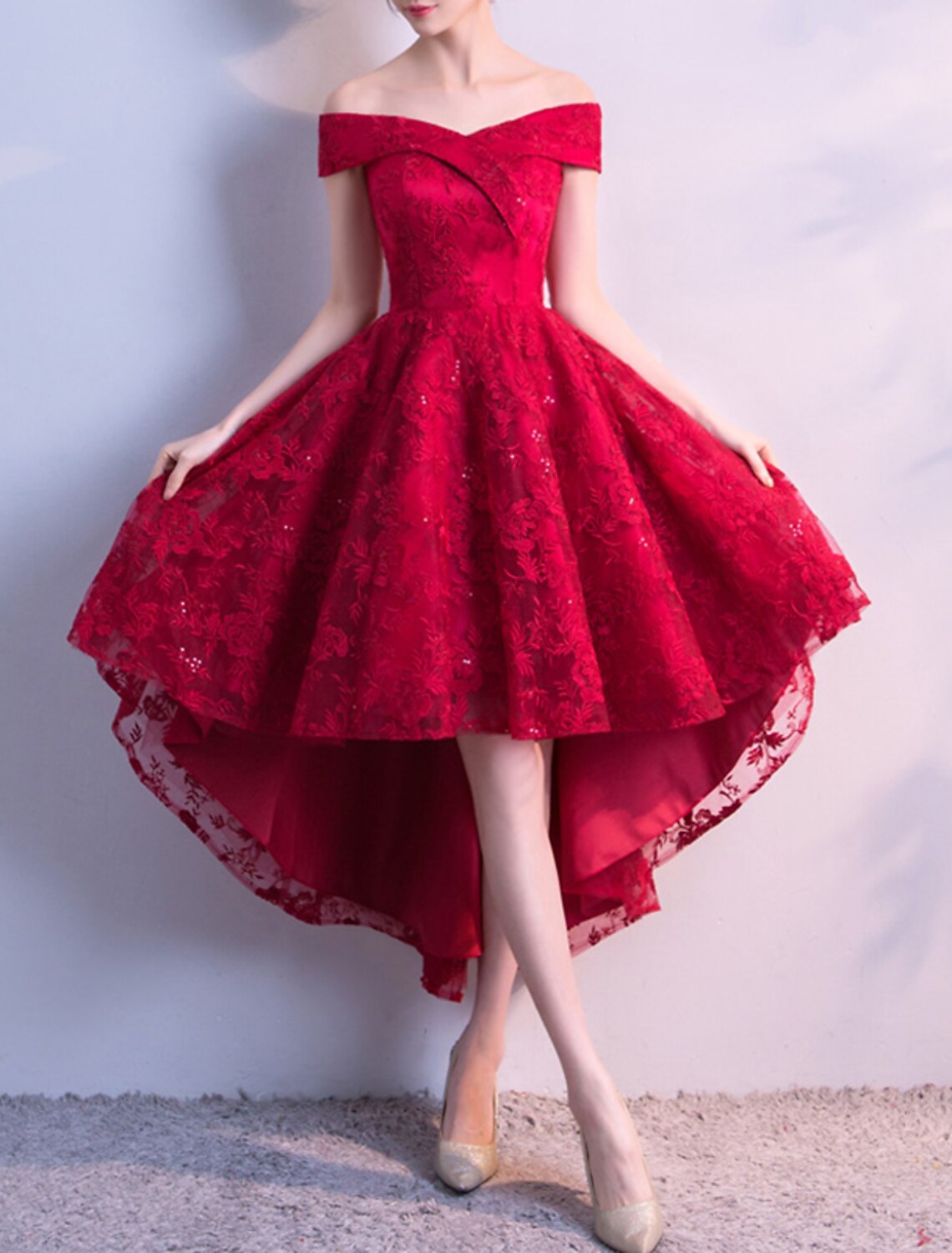 Wholesale A-Line Cocktail Dresses Floral Dress Party Wear Cocktail Party Asymmetrical Short Sleeve Off Shoulder Tulle with Pleats Embroidery